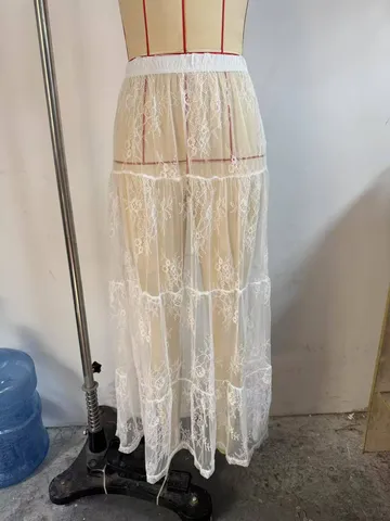 Women's Sexy White Lace Sheer Maxi Skirt Floral Tiered Layered Polyester Bottoms for Casual Summer Vacation