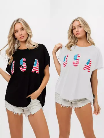 Women's Casual Short Sleeve T-Shirt Loose Fit Round Neck Top With USA Flag Letter Embroidery For Women Polyester Spandex Summer Fashion