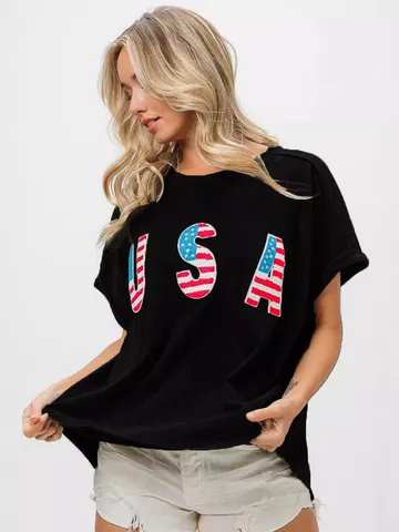 Women's Casual Short Sleeve T-Shirt Loose Fit Round Neck Top With USA Flag Letter Embroidery For Women Polyester Spandex Summer Fashion