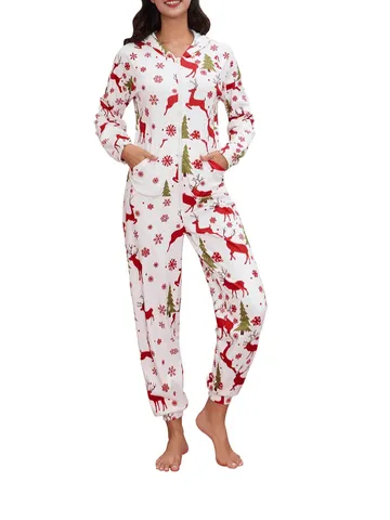 Damen Weihnachten Bedruckt Jumpsuit Polyester Rentier Schneeflocke Kapuze Einteiler Schlafanzug Langarm Loungewear Romper Nachtwäsche