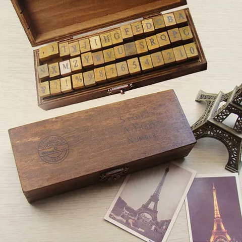 Vintage Wooden Stamp Alphabet Number Symbols Rubber Stamps With Retro Storage Holder For DIY Journal Craft Stationery