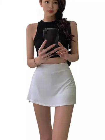 Women's High Waist Casual Athletic Tennis Skirt A-Line Pleated Skorts Solid Color Slim Fit Short Skirt Fitness Sports Wear