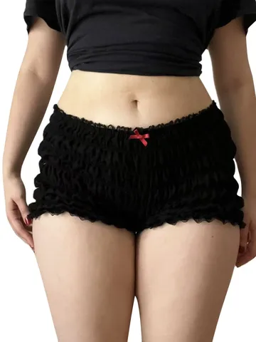 Shorts de Talle Bajo con Encaje Fruncido Casual Sexy Ajustado Estampado de Bayas de Verano para Mujer