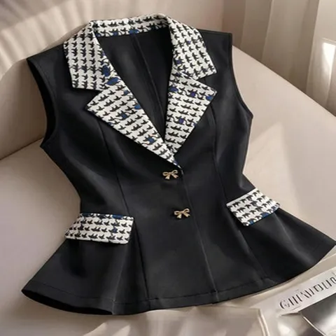 Women's Houndstooth Contrast Collar Blazer Vest Sleeveless Slimming Fishtail Hem Gold Button Commuter Office Polyester Vest