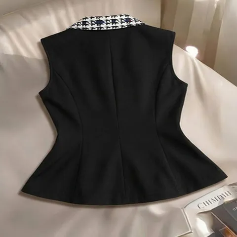 Women's Houndstooth Contrast Collar Blazer Vest Sleeveless Slimming Fishtail Hem Gold Button Commuter Office Polyester Vest