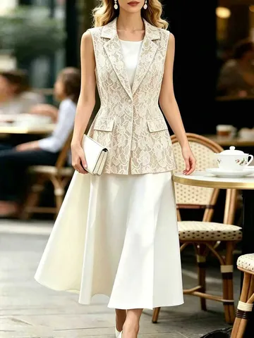 Women Elegant Apricot Lace Suit Vest Lapel Pearl Button Mid-Length Sleeveless Slim Fit Commuter Waistcoat Top
