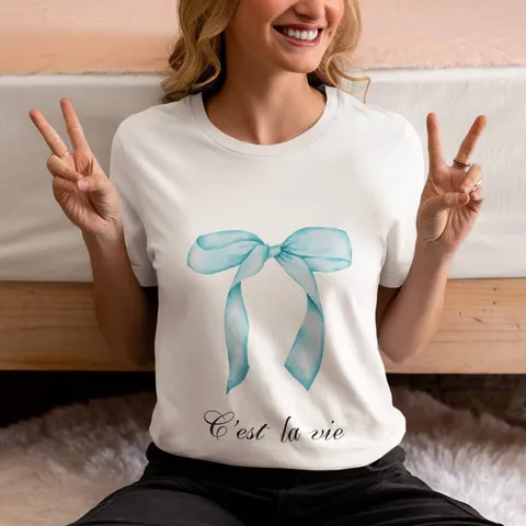 Camiseta Casual de Manga Corta con Estampado de Lazo Dulce para Mujer