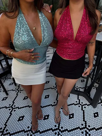 Γυναικείο Sexy Camisole με Πούλιες V Λαιμόκοψη Halter Ανοιχτή Πλάτη Καλοκαιρινό Slim Fit Αμανικό Top Πάρτι