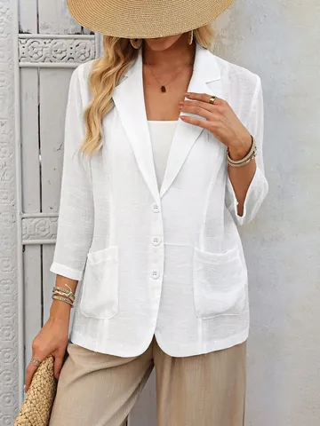 Damen Casual Weißer Blazer Dreiviertelarm Dünne Atmungsaktive Sonnenschutz Anzugjacke Mit Doppelten Taschen Für Büro Damen
