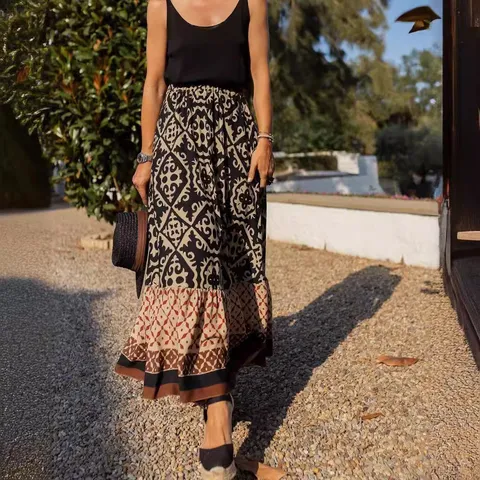 Damen Bohemian Geometrisches Muster Maxirock Hohe Taille Urlaub A-Linie Fließende Unterteile Polyester Resort-Stil Langer Rock Sommer Strandmode