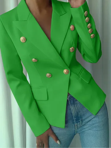 Blazer Elegante de Mujer con Doble Botonadura Botones Dorados Ajustado Chaqueta de Traje Color Sólido Solapa Poliéster