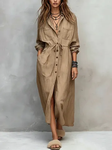Women's Casual Long Sleeve Shirt Dress Loose Fit Turn Down Collar Drawstring Waist Solid Color Midi Dress For Daily Wear
