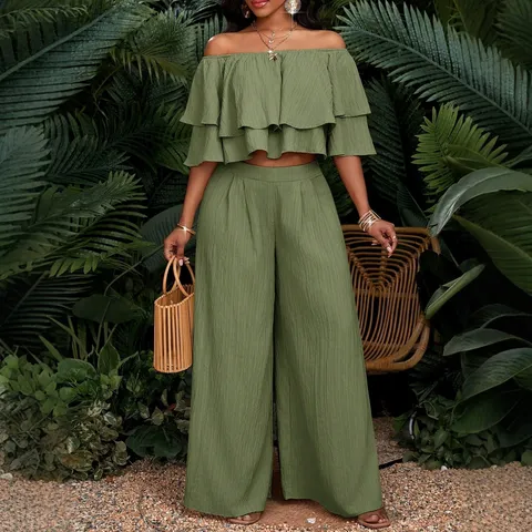 Damen Polyester Schulterfrei Volant Crop Top Und Hohe Taille Weites Bein Hose Set Einfarbig Resort Wear Urlaub Outfit