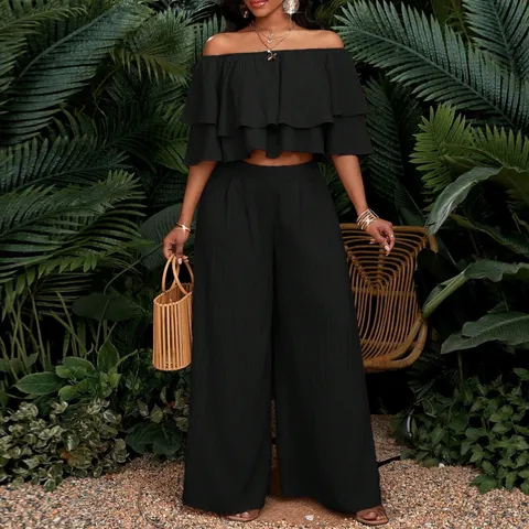 Damen Polyester Schulterfrei Volant Crop Top Und Hohe Taille Weites Bein Hose Set Einfarbig Resort Wear Urlaub Outfit