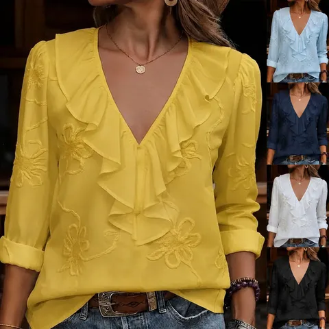 Elegant V Neck Ruffle Long Sleeve Polyester Blouse For Women Solid Color Slim Fit Casual Versatile Top Ladies Spring Clothing