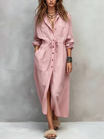 Women's Casual Long Sleeve Shirt Dress Loose Fit Turn Down Collar Drawstring Waist Solid Color Midi Dress For Daily Wear