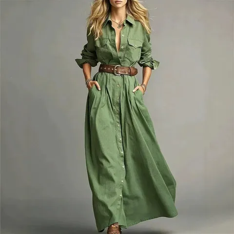Vestido Camisero Elegante de Poliéster para Mujer Color Sólido Manga Larga con Botones Vestido Maxi de Oficina Vestidos Largos Casuales Sin Cinturón