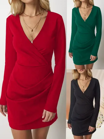 Robe Midi Femme Élégante Col en V Profond Manches Longues Sexy Taille Haute Couleur Unie Tricotée Robe Moulante Fête