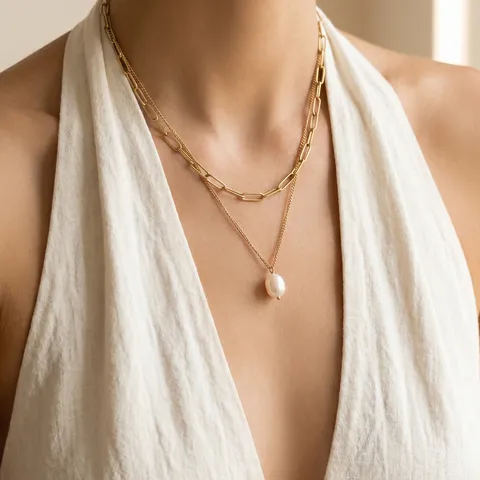 Collier Double Couche en Acier Inoxydable Avec Pendentif en Perle d'Eau Douce Choker Pour Femmes Chaîne Géométrique Cadeau
