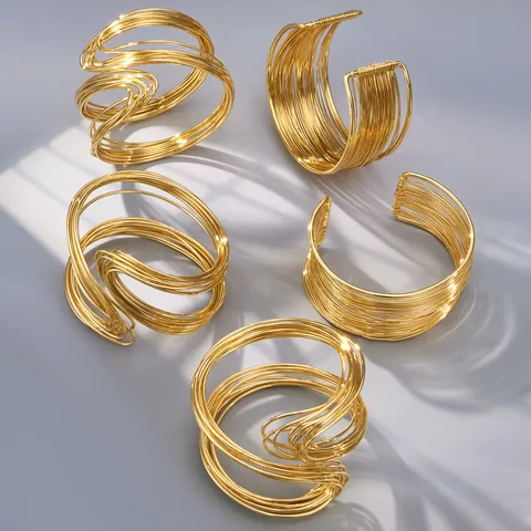 European American Fashion Multi Layer Wound Stainless Steel Wire Coil Bracelet 18K Gold Plated High End Arm Ring Jewelry For Women