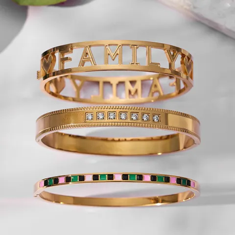 Stainless Steel PVD Gold Plated Bangle For Women Rhinestone Enamel Geometric Hollow Family Cuff Bracelet Jewelry