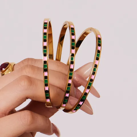 Stainless Steel PVD Gold Plated Bangle For Women Rhinestone Enamel Geometric Hollow Family Cuff Bracelet Jewelry