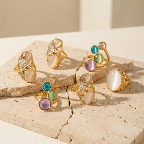 Anello Geometrico in Acciaio Inossidabile Occhio di Gatto Per Donna Placcato Oro Traforato Gemma Multicolore Strass Gioielli