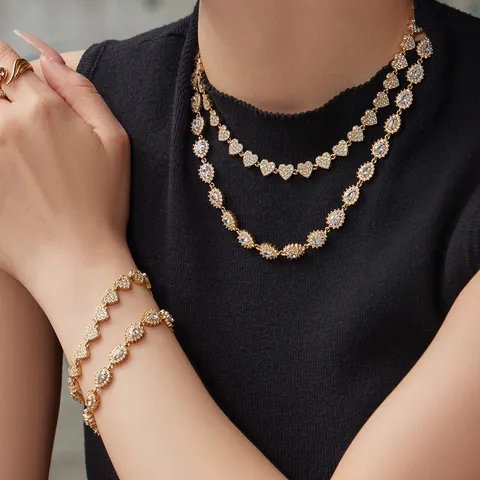 Elegante Juego Joyas de Acero Inoxidable Chapado en Oro Diamantes Imitación Gota Agua Corazón Colgante Collar Pulsera Pendientes Mujer