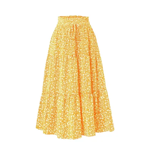 Women High Waist Floral Print Tiered Maxi Skirt Beach Vacation Boho A-Line Long Skirt Yellow Polyester Casual Summer Bottoms