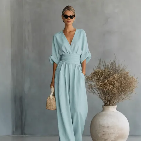 Dames Elegante Jumpsuit V-Hals Hoge Taille Effen Kleur Korte Mouw Wijde Pijpen Lange Broek Gebreide Jumpsuit Voor Pendelen Dagelijkse Outfit