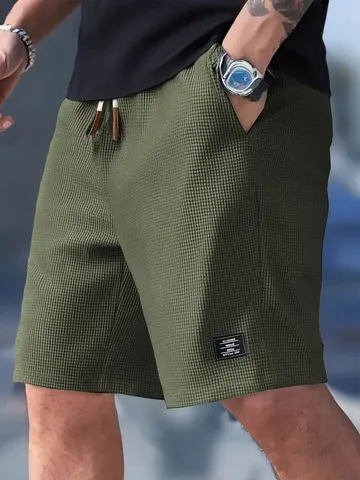 Herren Waffelmuster Casual Shorts Polyester-Baumwoll-Mischung Kordelzug Locker Mittellang Hose Sommer Atmungsaktive Unterteile Für Den Alltag