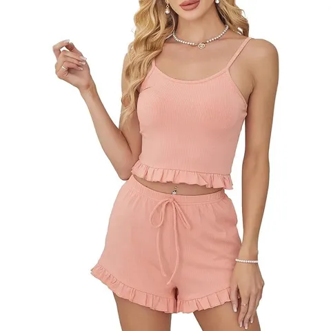 Women Sweet Fresh Ribbed Cami Top And Bottom Pajamas Set Ruffle Hem Sleeveless Solid Color Sleepwear Lounge Wear Summer