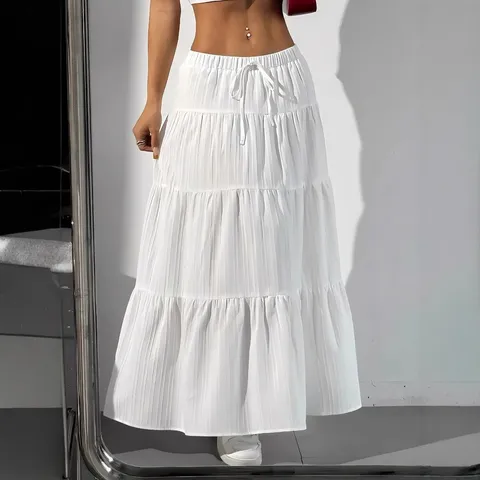 Damen Sweet Casual Einfarbig Stufenrock Riesen Ruffled Maxi Rock Mit Kordelzug Elastische Taille Polyester Spandex Sommer Rock