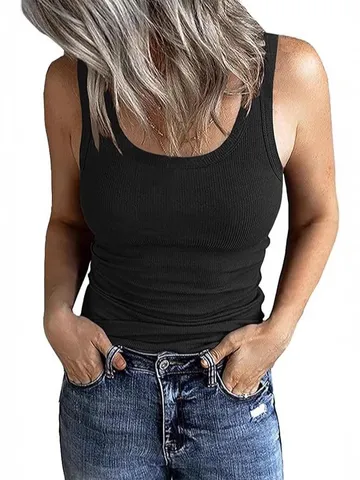Women's Casual Square Neck Ribbed Tank Top Sleeveless Slim Fit Stretch T-Shirt Solid Color Basic Knit Top For Summer Daily Wear