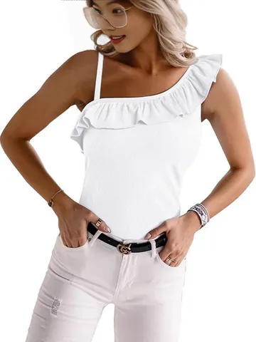 Women's Casual Rayon One Shoulder Ruffle Tank Top Slim Fit Sleeveless Square Neck Basic Summer Solid Color Blouse