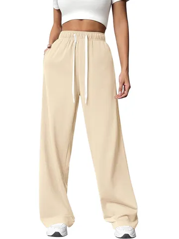 Women's Casual High Waist Wide Leg Trousers Loose Drawstring Sweatpants Summer Fashion Solid Color Long Pants