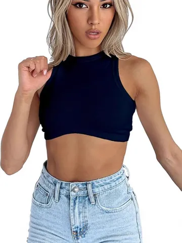 Women's Summer Casual Slim Fit Ribbed Knit Crew Neck Sleeveless Solid Color Cropped Tank Top Basic Tee