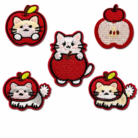 Mignon Chat Pomme Broderie Patchs Autoadhésif À Coudre Tissu Applique Badge Pour Vêtements Bricolage