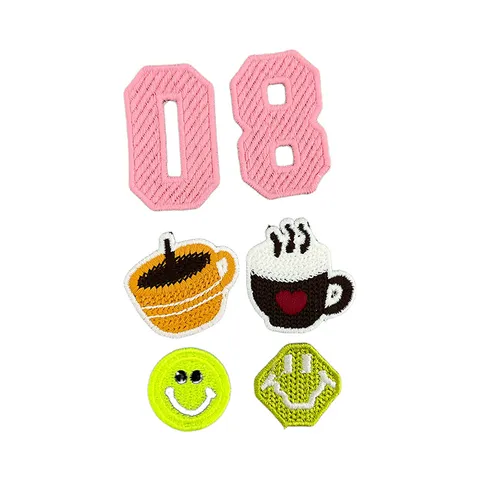 Cute Embroidery Patches Numbers Letters Coffee Cup Smiley Face Iron On Sew On Patches For Clothing DIY Garment Accessories