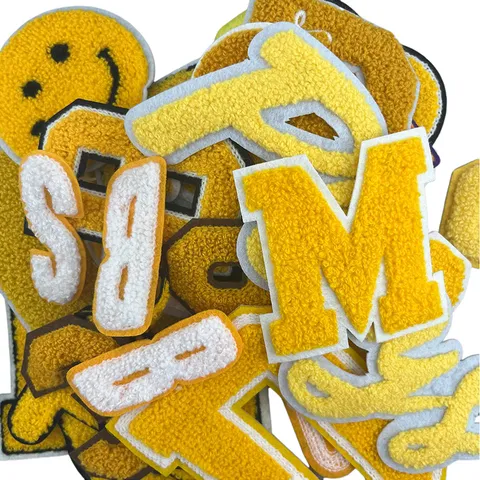 Yellow Chenille Towel Embroidery Letter Patch Smiley Face DIY Applique For Winter Coat Jacket Garment Sewing Accessories