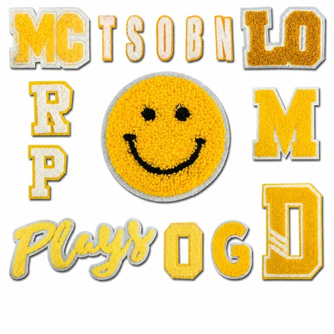 Yellow Chenille Towel Embroidery Letter Patch Smiley Face DIY Applique For Winter Coat Jacket Garment Sewing Accessories