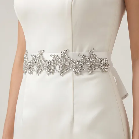 French Luxury Handmade Rhinestone Wedding Dress Sash White Satin Floral Waist Belt For Bridal Evening Party Banquet Women