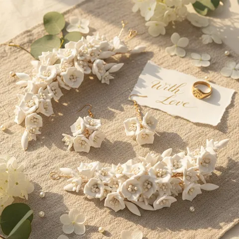 Set di Copricapo e Orecchini da Sposa in Argilla Polimerica Fatto a Mano Eleganti Fiori Bianchi e Perle Artificiali Accessori per Capelli da Matrimonio per Donna Festa