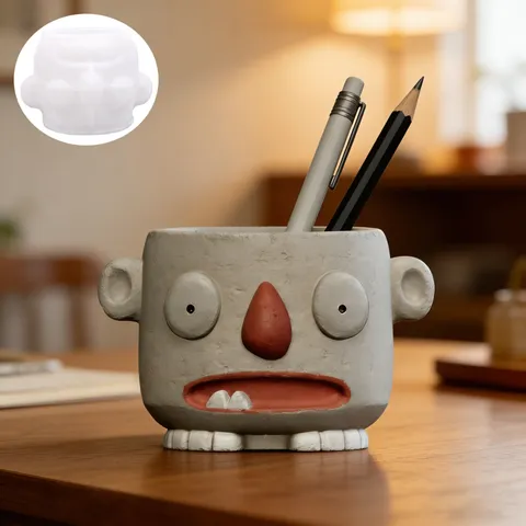 Stampo in Silicone a Forma di Faccia Quadrata Divertente per Portapenne Fai-da-te Vaso per Piante Succulente Stampo per Decorazioni in Cemento e Gesso