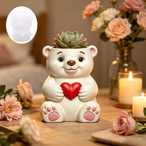 3D Bear Holding Heart Silicone Mold For Resin Gypsum Flowerpot Candle Cup Making Cartoon Desk Decoration Casting Mold