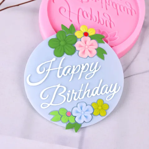 Molde de Silicona Happy Birthday Con Relieve Floral Redondo Decoración de Pasteles Horneado Para Tableta de Cera Aromaterapia Herramienta de Repostería