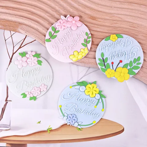 Molde de Silicona Happy Birthday Con Relieve Floral Redondo Decoración de Pasteles Horneado Para Tableta de Cera Aromaterapia Herramienta de Repostería