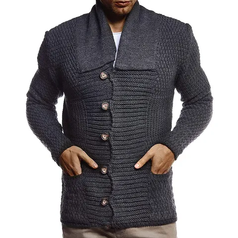 Cardigan Tricoté Manches Longues Couleur Unie Homme Style Européen Col Rabattu Pull à Boutons