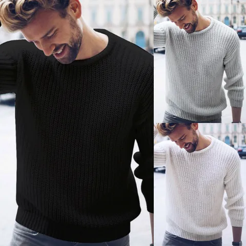 Men's Casual Solid Color Pullover Sweater Autumn Winter Long Sleeve Crew Neck Knitted Acrylic Top