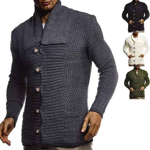 Cardigan Tricoté Manches Longues Couleur Unie Homme Style Européen Col Rabattu Pull à Boutons